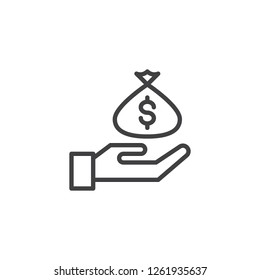 Hand holding a money sack outline icon. linear style sign for mobile concept and web design. Money bag on hand simple line vector icon. Symbol, logo illustration. Pixel perfect vector graphics