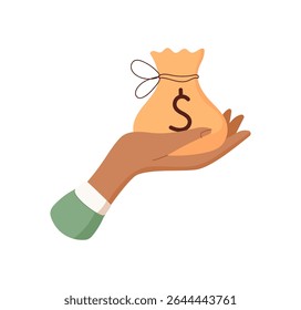 Mão segurando saco de dinheiro. Saco de dinheiro de berços de palma. Conceito de pagamento, estilo gráfico plano, adequado para conteúdo financeiro e narrativa visual.