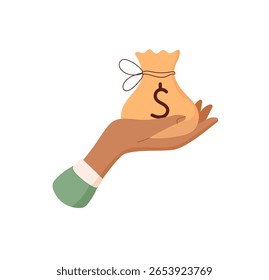 Mão segurando dinheiro adesivo saco. Gesto de dar dinheiro na palma. Conceito financeiro, estilo simples, potencial para aplicativos empresariais e econômicos.