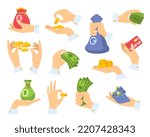 Hand holding money, set of elements. Cartoon arms grabbing paper cash, coins, bag with money, credit card, wallet. Wealth and salary concept. Flat vector illustration