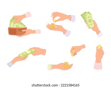 Hand holding money set. Human hands with cash money and golden coins, wallet full of banknotes vector illustration