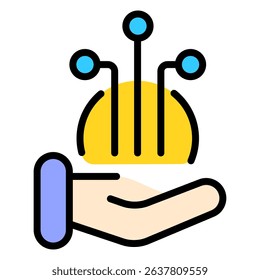 Hand Holding Money Stablecoin Icon for Ai Finance and Digital Virtual Bank Innovation Concept. Bitcoin Currency Payment and Exchange Technology in Future Economic. Fintech Trade Outline Solid icon.