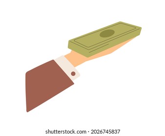 Hand holding money stack, giving or receiving cash. Male arm with dollar banknotes on palm paying for smth. Concept of salary payout and bribe. Flat vector illustration isolated on white background