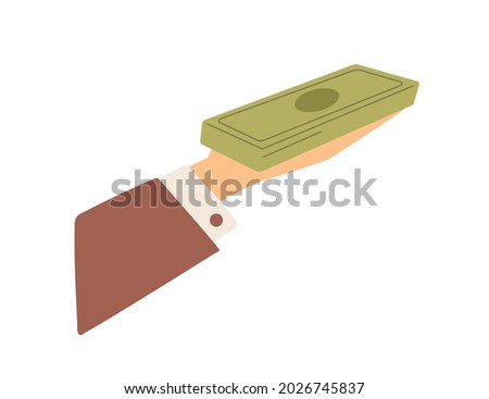 Hand holding money stack, giving or receiving cash. Male arm with dollar banknotes on palm paying for smth. Concept of salary payout and bribe. Flat vector illustration isolated on white background