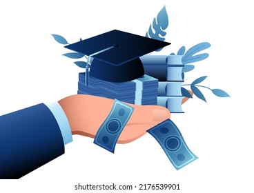 Hand Holding Money Stack, Graduation Toga Hat And Books, Investment On Education, Expensive Education, Vector Illustration