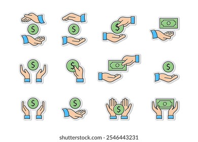 Hand holding money sticker, save money, vector sticker Hand coin