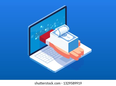 Hand holding money sticking out from computer screen