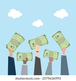 Hand holding money. Symbol of wealth, success and good luck. Bank and Finance. Flat vector cartoon illustration. Objects isolated on a white background.