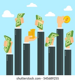 Hand holding money. Symbol of wealth, success and good luck. Bank and Finance. Flat vector cartoon illustration. Objects isolated on a white background.