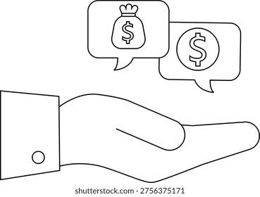 Hand holding money thought bubbles