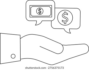 Hand holding money thought bubbles featuring dollar symbols in a simple blackandwhite design