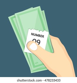 Hand holding money and ticket number.
