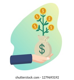 Hand holding Money tree, gold tree with bag of money. Financial and business concept illustration.