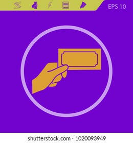 Hand holding money vector icon on a violet background. Flat design style