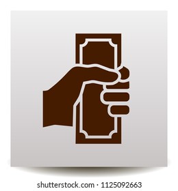 Hand holding money vector icon on a realistic paper background with shadow. Illustration on a  Flat design style