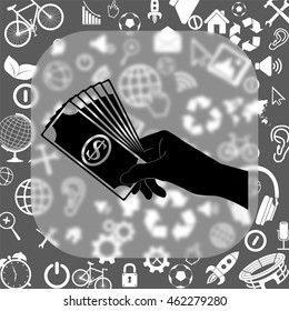 Hand holding money vector icon - matte glass button on background consisting of  different icons