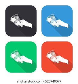 Hand holding money vector icon - colored illustration (gray blue green red)  with long shadow