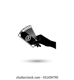 Hand holding money vector icon with round  shadow