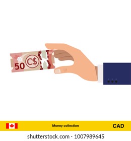 Hand holding money vector illustration. Canadian dollar banknote.