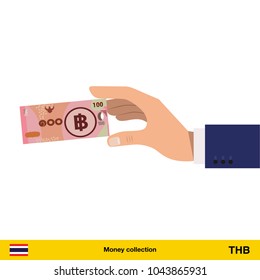 Hand holding money vector illustration. Thai baht banknote.