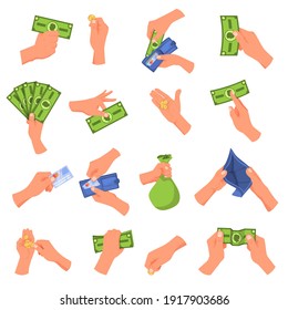 Hand Holding Money Vector Illustration Set. Cartoon Flat Human Hands Collection With Cash Money, Gold Bar And Bag Of Coins, Wallet Full Of Banknotes And Bank Credit Pay Card