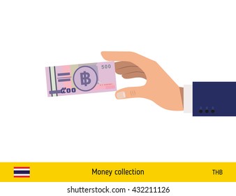 Hand holding money vector illustration. Thai baht banknote.