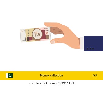 Hand holding money vector illustration. Pakistani rupee banknote.