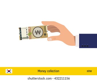 Hand holding money vector illustration. South Korean won banknote.