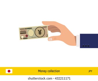 Hand holding money vector illustration. Japanese yen banknote.