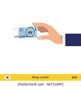 Hand holding money vector illustration. South Korean won banknote.