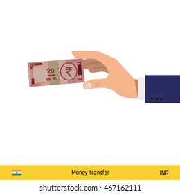 Hand holding money vector illustration. Indian rupee banknote.
