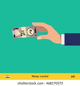 Hand holding money vector illustration. Indian rupee banknote.