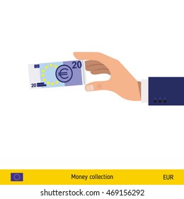 Hand holding money vector illustration. Euro banknote.