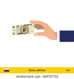 Hand holding money vector illustration. Russian ruble banknote.