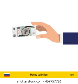 Hand holding money vector illustration. Russian ruble banknote.