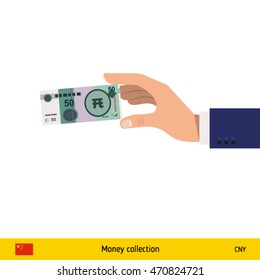 Hand holding money vector illustration. Chinese yuan banknote.