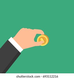 Hand holding money or money in hand vector illustration. Hand with money or hand giving money in flat style. Bribe poster.