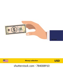 Hand holding money vector illustration. Dollar banknote.