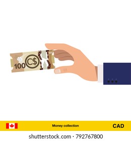 Hand holding money vector illustration. Canadian dollar banknote.