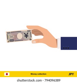Hand holding money vector illustration. Yen banknote.
