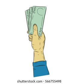 Hand holding money vector on white background.Hand with money sketch. 