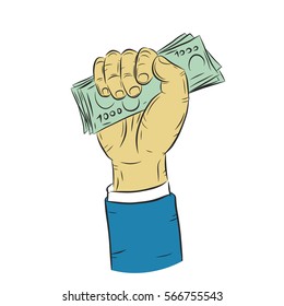 Hand holding money vector on white background.Hand with money sketch. 