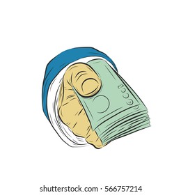 Hand holding money vector on white background.Hand with money sketch. 