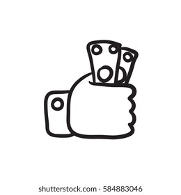 Icono de esbozo del vector de transporte de mano de dinero aislado en segundo plano. Mano dibujada Mano sosteniendo el icono del dinero. Icono de boceto de dinero de mano para infografía, sitio web o aplicación.