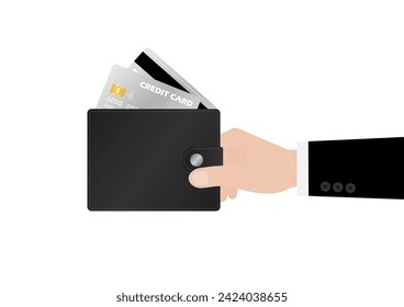 Hand Holding Money Wallet with Credit Card. Saving Money Concept. Vector Illustration. 