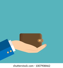 Hand holding money. Hand with a wallet. Money in the wallet. Vector illustration. 