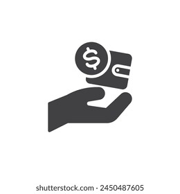 Hand holding money wallet vector icon. filled flat sign for mobile concept and web design. Money Management glyph icon. Financial planning symbol, logo illustration. Vector graphics