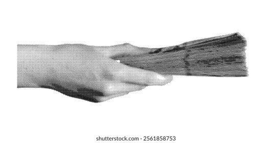 Hand holding money, wealth, finance, and profit. Retro, vintage grayscale design featuring banknotes in halftone texture. Vector illustration of payment, and expenses, isolated on