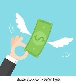 Hand holding money with wings. flat vector illustration