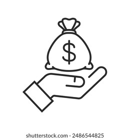 Hand holding moneybag with dollar sign. Give money, cash back icon, return money, rebate, thin line vector illustration.